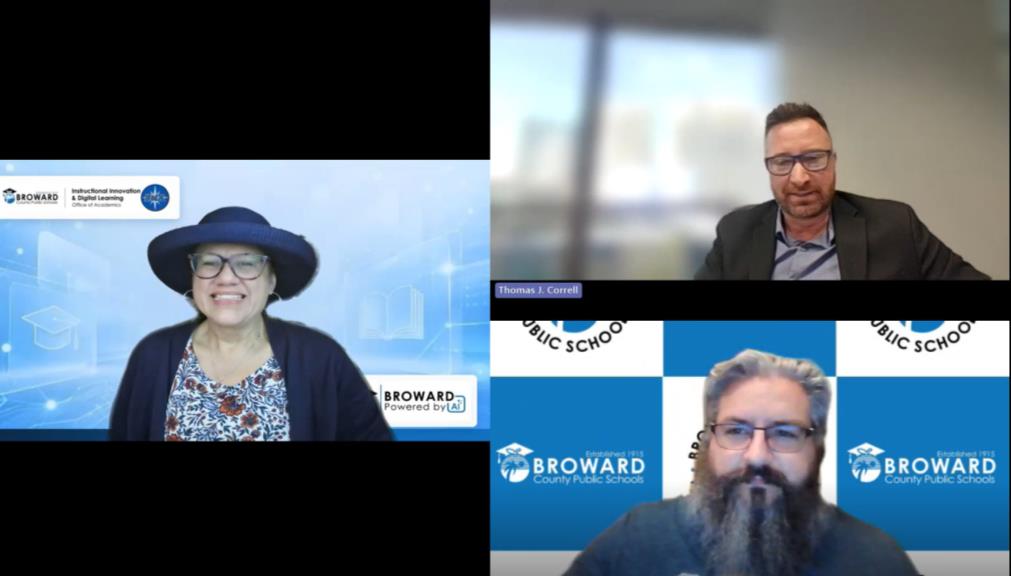 Presenters Claudia Brites, Thomas J. Correll, and a district colleague on the Microsoft Teams call