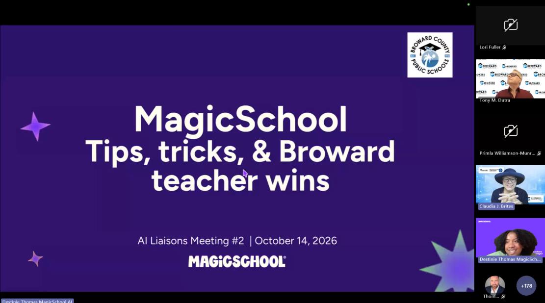 MagicSchool presentation on the Teams call: Tips, tricks, and Broward teacher wins, AI Liaisons Meeting #2, October 14, 2026