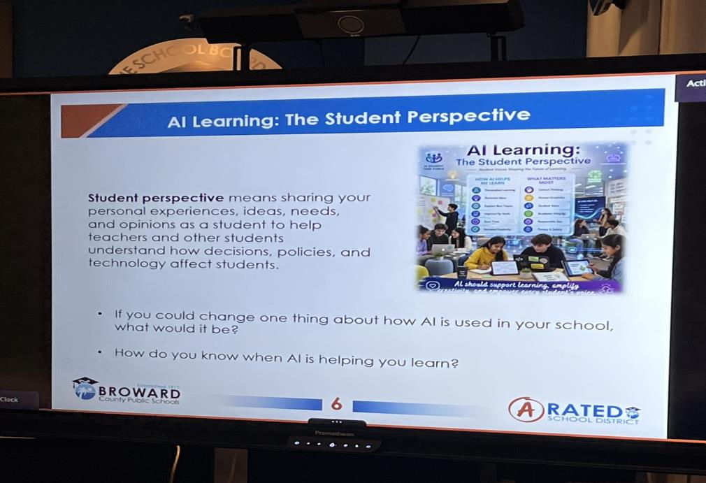 Slide on the boardroom screen: AI Learning, The Student Perspective, asking what students would change about how AI is used in their school and how they know when AI is helping them learn